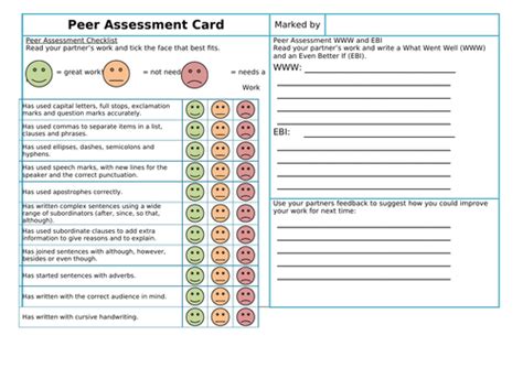 Peer Assessment Card Teaching Resources