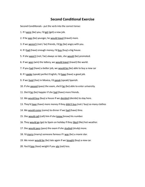 2nd Conditional Work Second Conditional Exercise Second Conditionals