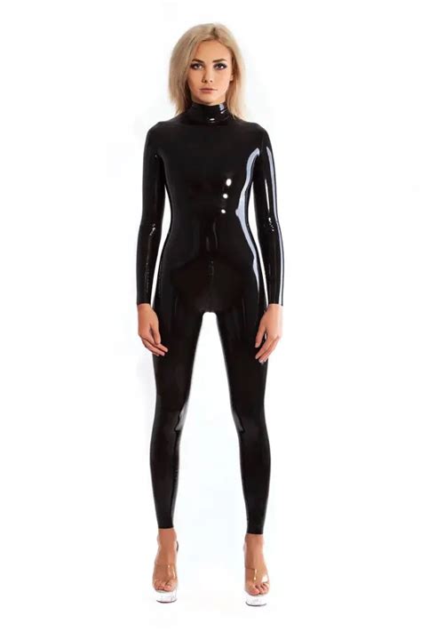 Latex Catsuit Black Color Rubber Zentai Suit Neck Entry Ruuber Bodysuit With Crotch Zip High