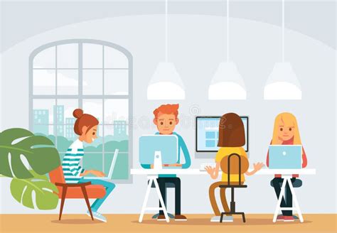 Co Working Space Interior With People Freelancers Working Stock Vector
