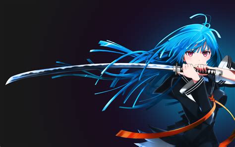 Wallpaper Ilustrasi Rambut Panjang Gadis Anime Rambut Biru Gambar Kartun Katana Pedang