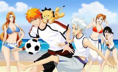 Обои на рабочий стол Персонажи из аниме Блич Bleach играют в мяч на пляже обои для рабочего