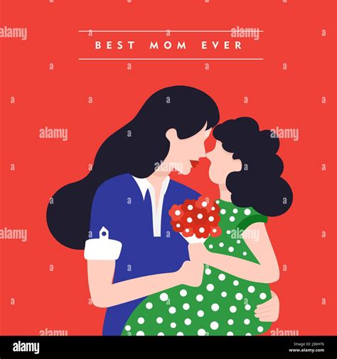 Happy Mothers Day Card Illustration Mom And Daughter Celebrating Holiday Together With Love