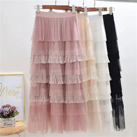 Chic Tiered Gauze Tassels Maxi Long Skirts Cakee Layered Tulle A Line Long Plearted Tutu Skirts