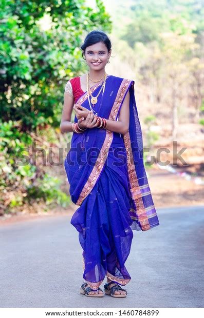 Smiling Beautiful Maharashtrian Girl Traditional Sari Stock Photo