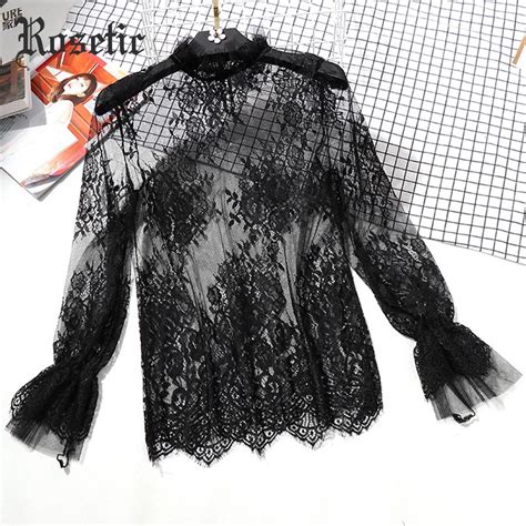 Rosetic Gothic Vintage Sexy Women Summer Blouse Straight Lace Mesh Thin