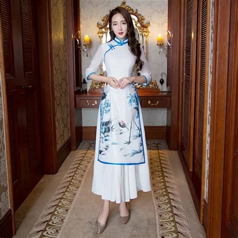 Spring Autumn Vietnamese Style Ao Dai Loose Dress Graceful Stand Collar