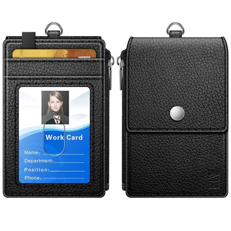 Elv Badge Holder With Zipper Pu Leather Id Badge Card Holder Wallet