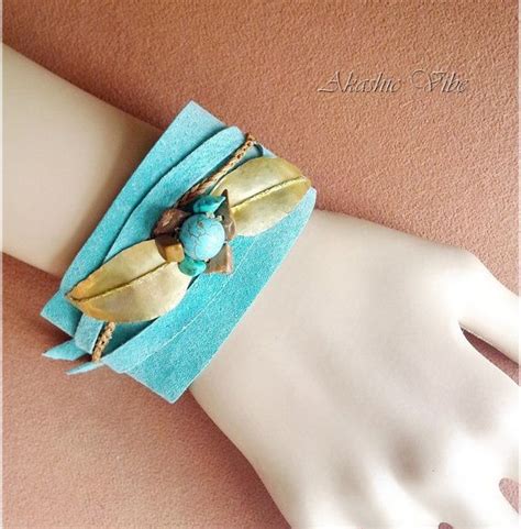 Turquoise Soft Leather Cuff Bracelet Brass Leaves Gems Leather