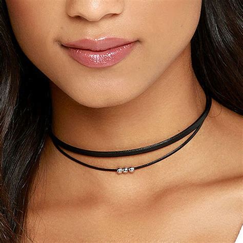 Womens Fashion Jewelry Black Leather Choker Silver Beaded Double Layer