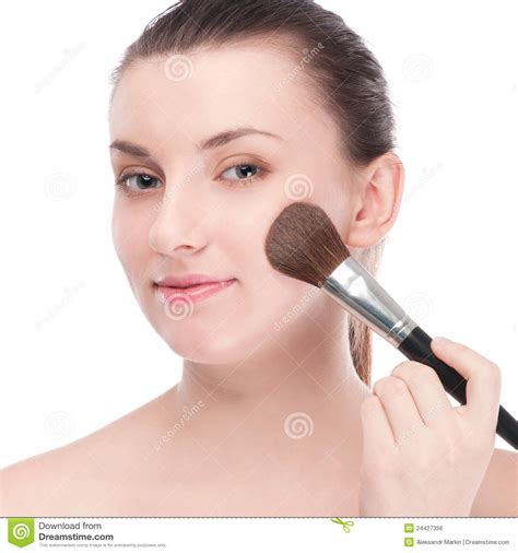 Beautiful Woman With Make Up Brush Stock Photo Image Of Care Beauty