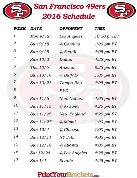 They compete in the national football. Printable San Francisco 49ers Schedule - 2016 Football ...