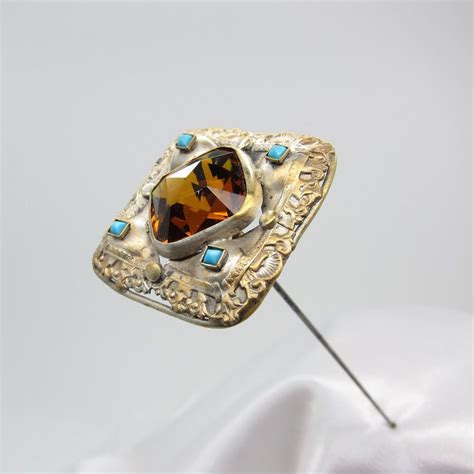 antique hatpin large amber stone with 4 turquoise stones hat pin nr turquoise stone antique