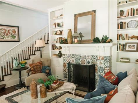 After Living Room With Patterned Tile Fireplace Hgtv