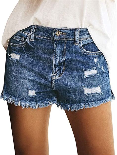 Blue Denim Shorts For Women Ladies Distressed Jean Shorts Frayed Cut
