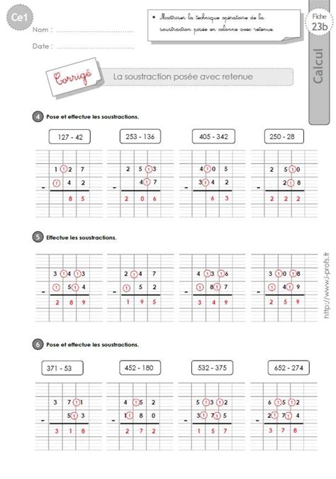 Bilan technique de la soustraction posée en colonne. CE1-cycle2 EXERCICES CORRIGES: La soustraction posée avec retenue. Les opérations au CE1