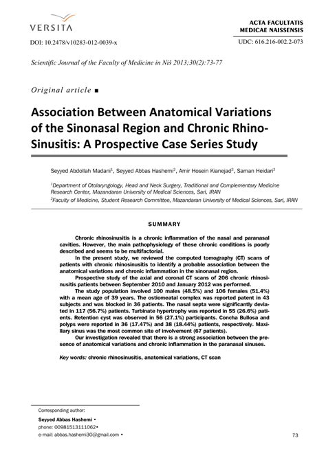 Pdf Association Between Anatomical Variations Of The Sinonasal Region