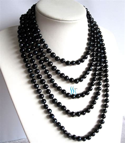 Black Pearl Necklace 100 Inches 7 8mm Black By Pearlsstory
