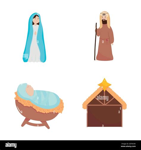 Nativity Manger Holy Mary Joseph Baby Jesus And Hut Icons Vector