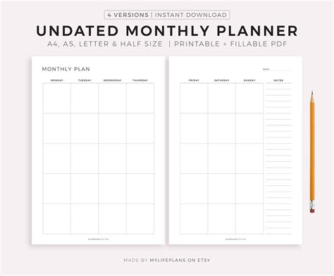Undated Monthly Planner Printable Month On Two Pages Month Etsy
