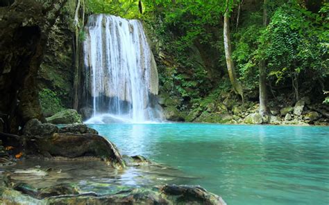 Download Wallpapers Waterfall Rainforest Blue Lake Green Trees Beautiful Waterfalls For