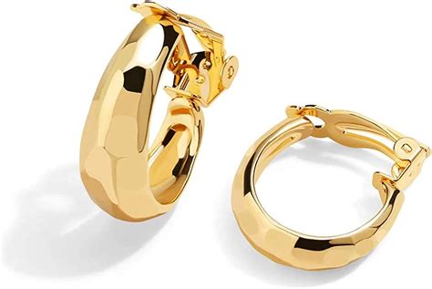 14k Gold Hoop Clip On Earrings For Women Unique Design Chunky Diamond Cut Earrings No Piercing