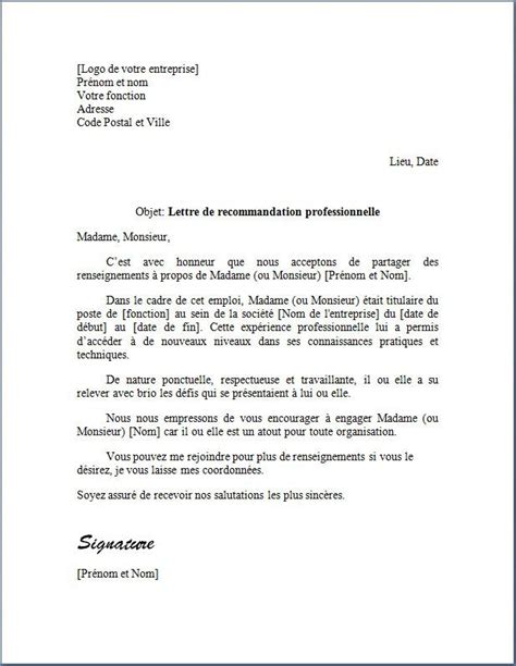 Lettre de Recommandation Professionnelle Modèle word et texte gratuit