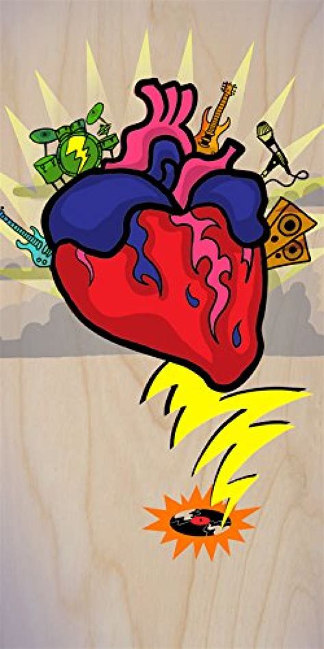 Rock N Roll Heart W Guitar And Drums Cartoon Plywood Wood Print