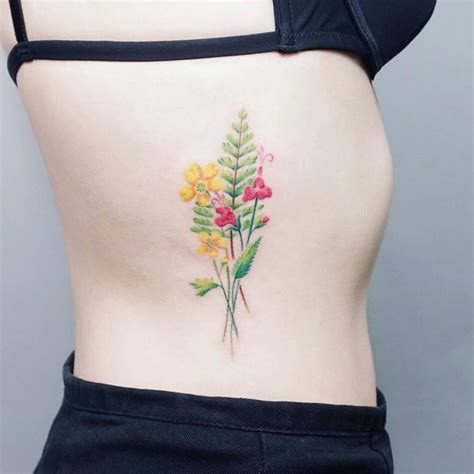 Flower Bouquet Tattoo On The Right Side Ribcage