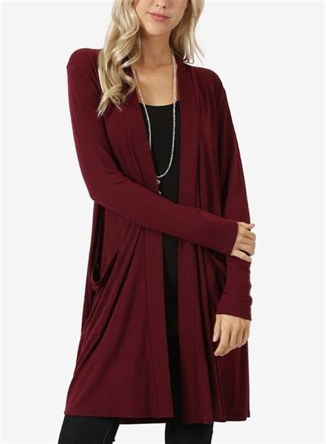 Burgundy Casual Long Sleeve Open Front Cardigan With Pockets - STYLESIMO.com