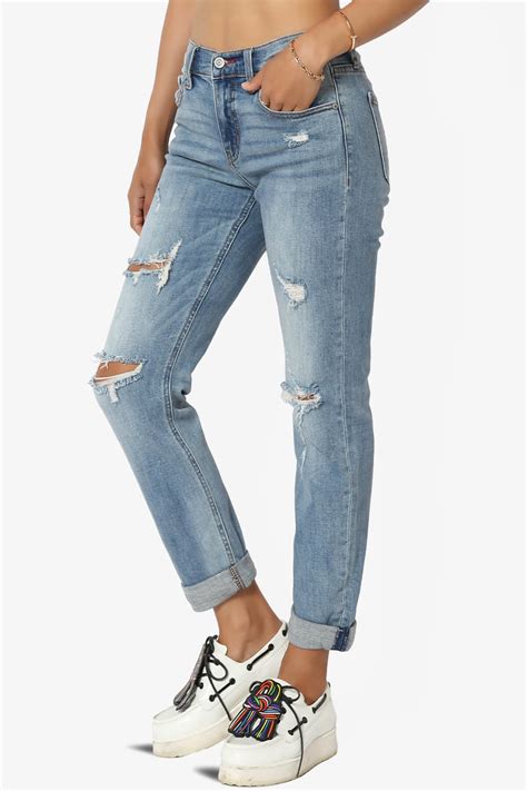 Distressed Destructed Washed Denim Mid Rise Relaxed Boyfriend Jeans