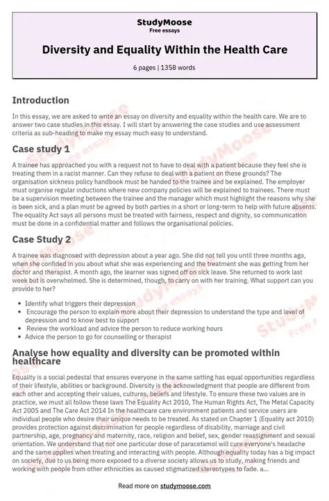 Diversity And Equality Within The Health Care Free Essay Example