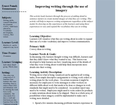 Improving Writing Through The Use Of Imagery Lesson Plan For Higher Ed