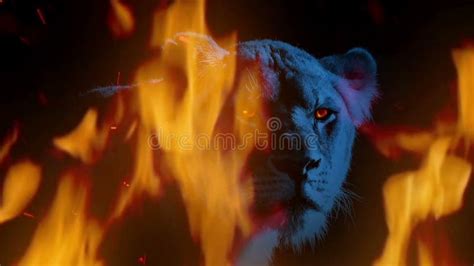 Powerful Lioness With Fiery Eyes And Flames Burning Stock Video Video