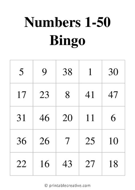 50 Free Printable Bingo Cards Number Bingo 1 50 Number Images And