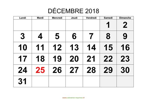 Calendrier Décembre 2018 à Imprimer