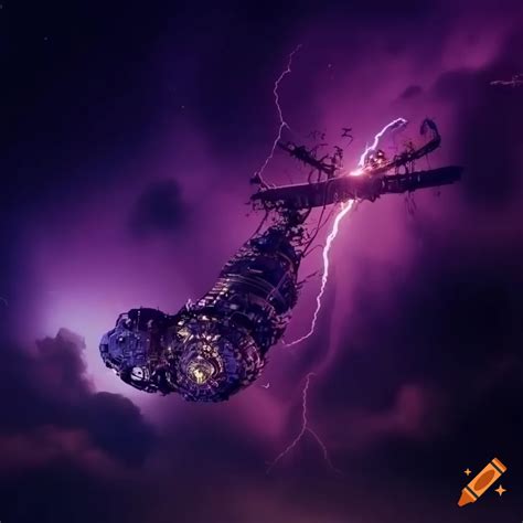 Steampunk Space Station In Purple Clouds