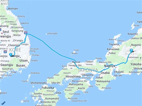 Güney Kore Japonya arası mesafe, Güney Kore Japonya yol haritası, Güney ...
