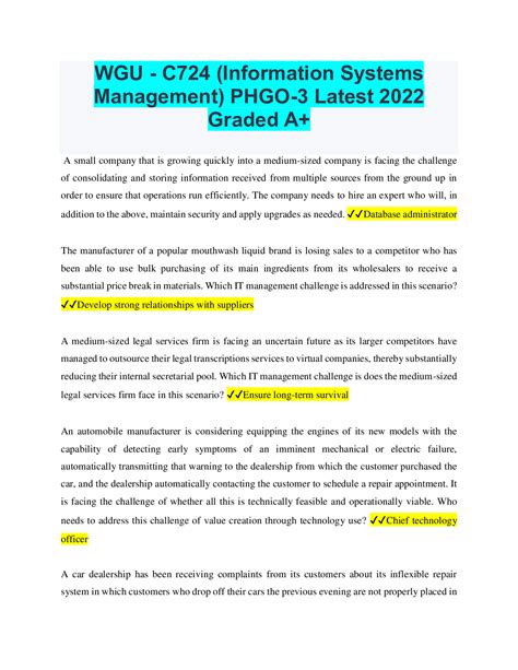 Wgu C724 Information Systems Management Phgo 3 Latest 2022 Graded