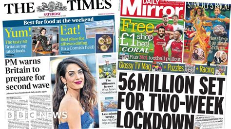 Newspaper Headlines Pm Warning And England Faces Two Week Lockdown Bbc News