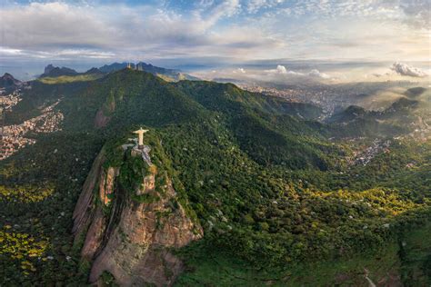 Panoramic Aerial View Of Christ The Redeemer Statue In Rio De Janeiro