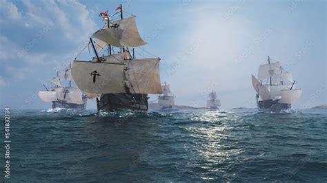 The Nao Victoria In Front Of Fernando Magellans Armada Is The Flagship