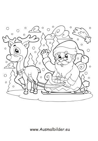 Ausmalbild Weihnachtsmann fährt mit Rentier Schlitten zum ...