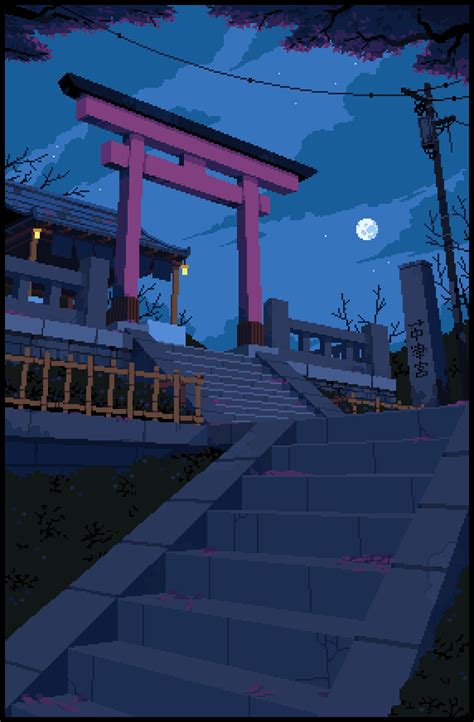 Artstation Shrine With Torii Gate At Night