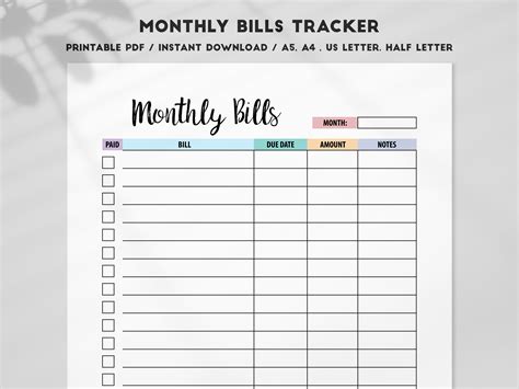 Monthly Bill Tracker Monthly Bill Log Bill Planner Bill Etsy