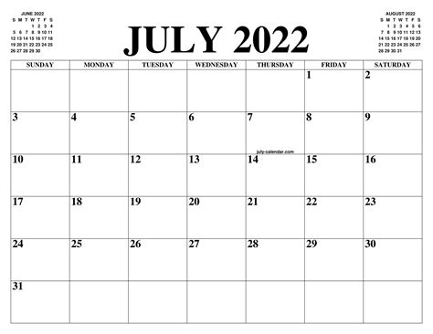 Printable Calendar July 2022 In Color April 2022 Calendar