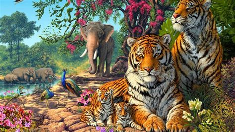 Tigers Family Exotic Birds Paun Elephants Jungle Nature Hd ...
