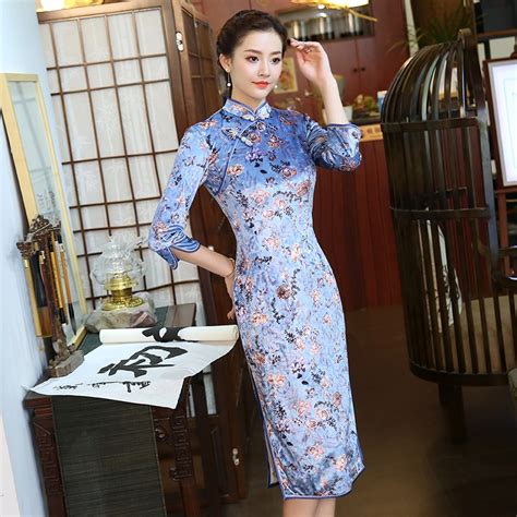 Pretty Cheongsam Qipao Dress Floral Print Velvet Qipao Cheongsam