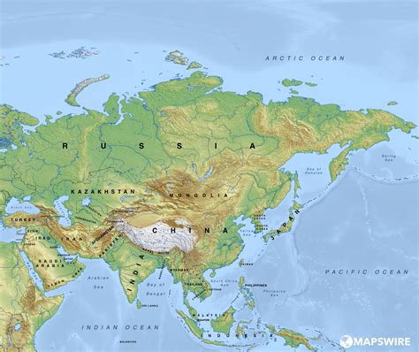 Physical Map Of Asia With Rivers Mountains And Deserts