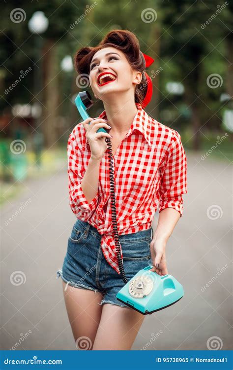 Smiling Pinup Girl With Retro Rotary Phone Stock Image Image Of Model Pinup 95738965